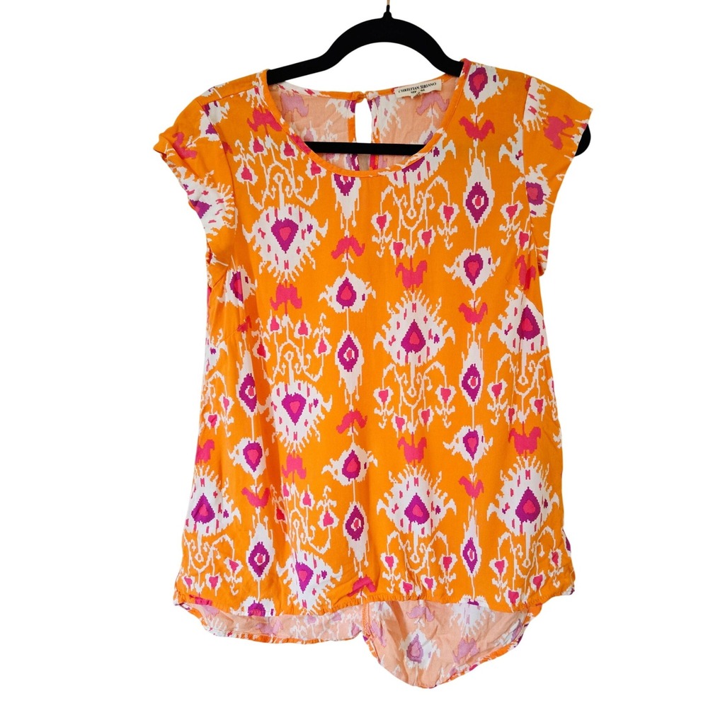 Christian Siriano Womens XS Blouse Orange Pink Cap Sleeve Top Colorful Resort